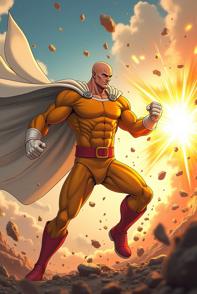 Create an action-packed image featuring a bald, muscular man in a simple superhero costume consisting of a yellow jumpsuit with white gloves, red boots, and a flowing white cape. He is depicted in the midst of delivering a powerful punch, with intense speed lines radiating from his fist to emphasize the force. His expression is calm and indifferent, contrasting with the immense power of the punch. The background is a dynamic, abstract scene, suggesting the shockwave and impact of the punch, with debris and energy waves spreading out anime style