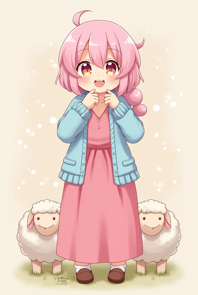 masterpiece, Highest quality, Attention to detail, cuteピクセルアート, Vivid, young woman, sheep, cute, smile, Facing the front, Open your mouth, sheepのようなふわふわの毛'wool, Pink Hair, Thick eyebrows, Pink Dress, Long skirt, Light blue cardigan, Brown shoes
