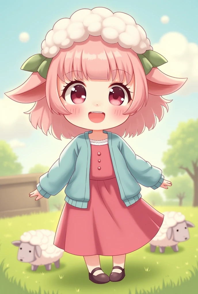 masterpiece, Highest quality, Attention to detail, cuteピクセルアート, Vivid, young woman, sheep, cute, smile, Facing the front, Open your mouth, sheepのようなふわふわの毛'wool, Pink Hair, Thick eyebrows, Pink Dress, Long skirt, Light blue cardigan, Brown shoes