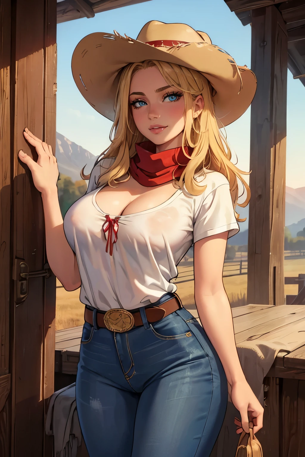 one girl, solo, 18-year-old blonde beauty, pale blue eyes, carefree demeanor, delicate frame, long blonde hair cascades down her back, her hair is framing her heart-shaped face, eyes hold a sparkle of excitement, wonderful smile, (perfect anatomy), perfect hands, perfect face, perfect eyes, cowboy hat, denim fringe detailing jeans, cowboy boots, wide-brimmed cowboy hat, Concho belts, tucked in t-shirt, cleavage, red scarf, ((Seductive pose)) (cinematic lighting, perfect lighting), (cinematic angle), (vivid colors), very detailed. very high resolution, sunset, realism, farm, 1980s western setting