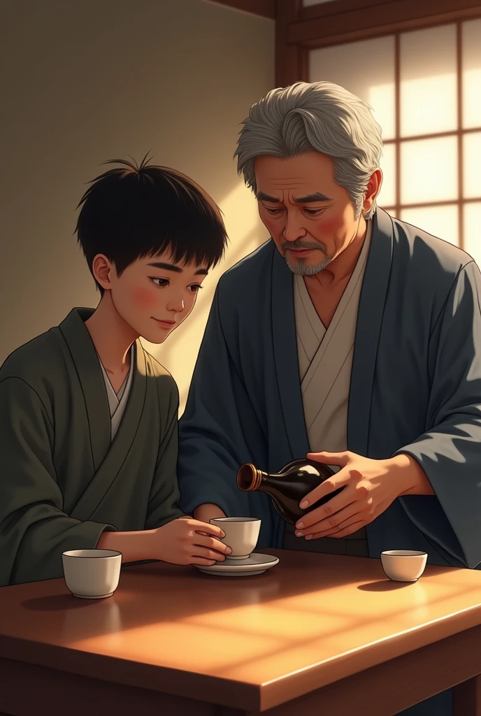 A highly detailed and realistic scene set in a traditional Japanese room with a tatami mat floor and wooden sliding shoji doors. A middle-aged Japanese father with a weathered but gentle face and a slight smile pours sake into a small porcelain cup held by his young adult son. The father has graying hair and wears a dark, simple yukata, while the son, in his early 20s, wears a light-colored yukata, his expression a mix of respect and warmth. The table is a low, polished wooden surface, with the sake bottle and cups made from smooth ceramic, reflecting the soft, warm ambient light that fills the room. The light emphasizes the textures of the father’s and son’s skin, their clothing, and the delicate grains of the wooden table, capturing the quiet intimacy and deep connection shared in this moment