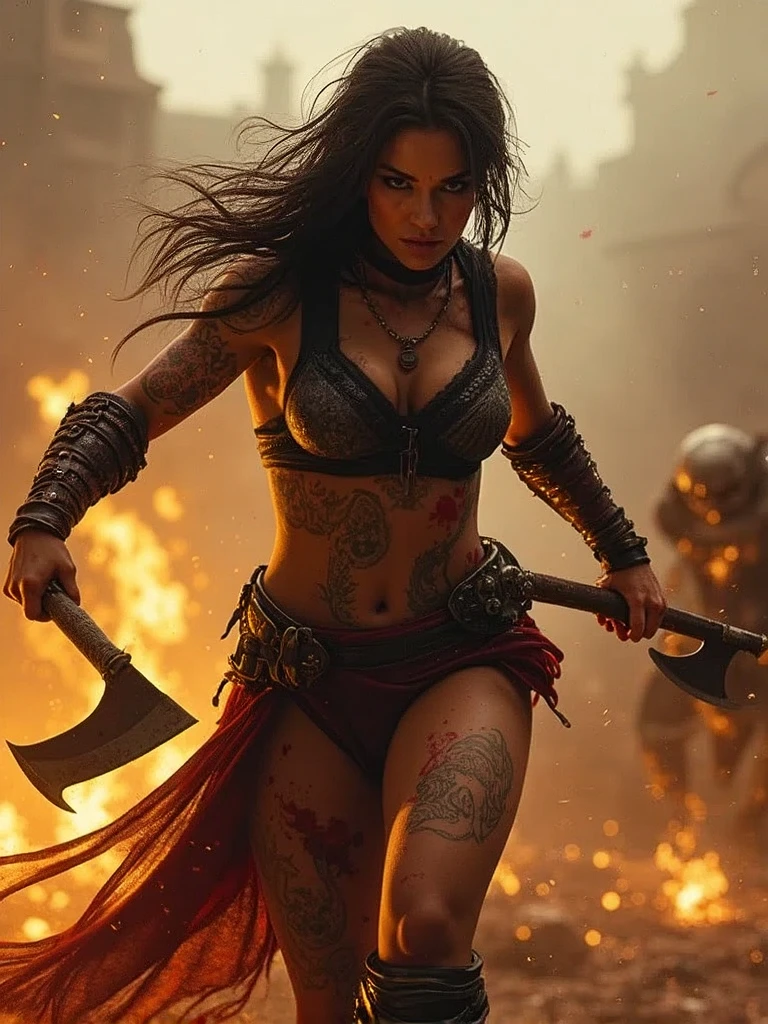 A gorgeous 23-year-old European woman, detailed eyes, detailed lips, long eyelashes, curvy body, cleavage, ancient female berserker, in battle. Full of anger.handling short axes in both hands, dramatic lighting, in a ragging battle scene.fire. Blood splatter. Body covered with blood and tattoos. masterpiece, (best quality,4k,8k,highres,masterpiece:1.2),ultra-detailed,(realistic,photorealistic,photo-realistic:1.37),HDR,UHD,studio lighting,ultra-fine painting,sharp focus,physically-based rendering,extreme detail description,professional,vivid colors,bokeh