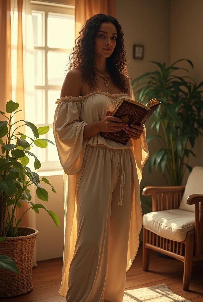 (photorealism:1.2), full religious person, standing with bhagbat Gita book, wearing loose off-shoulder top, pajama pants, long curly hair, indoors, soft lighting, plants in background, window with sunlight, cozy room, relaxed pose, realistic, intricate details, warm colors, by Greg Rutkowski, by Alphonse Mucha