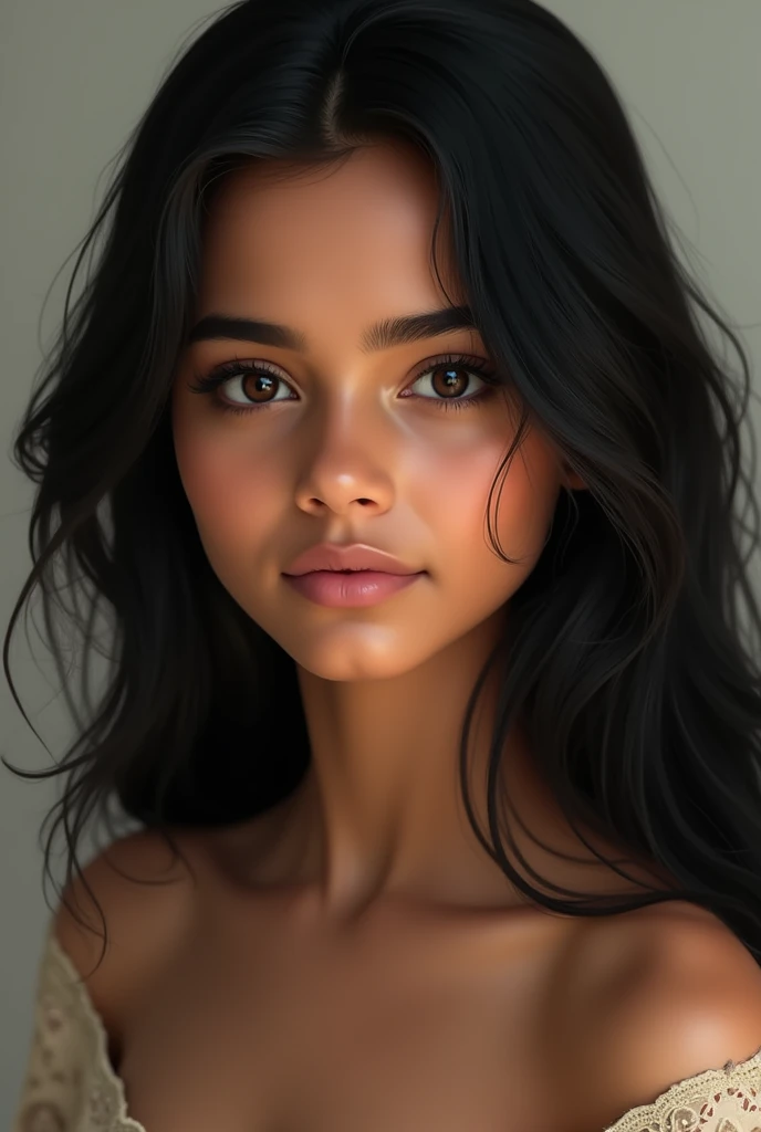 16 year old indian girl, wheatish complexion, doe eyes, long eye lashes, wavy black hair should ler length, straight nose, normal lips. Balck eyes, normal eyebrows not so thick, sharp jawline.Smaller eyes not so hudge. Thick hair. Less wrinkles. Show the firstt image