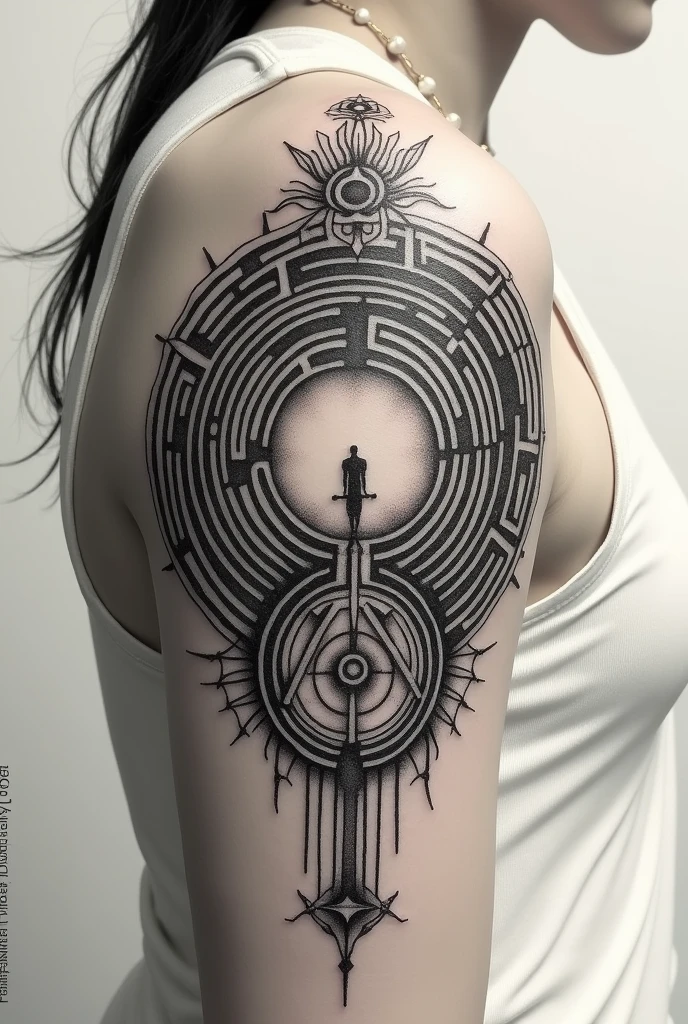 Draw a tattoo referencing this phrase " I keep circling through a labyrinth where I always end up facing the same mirror"