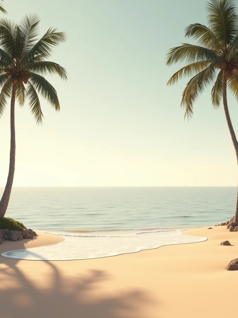 create a realistic image of a minimalist landscape of a deserted beach, the predominant colors should be brown, beige and peach. It should have palm trees and sea waves. The proportion should be 16:9