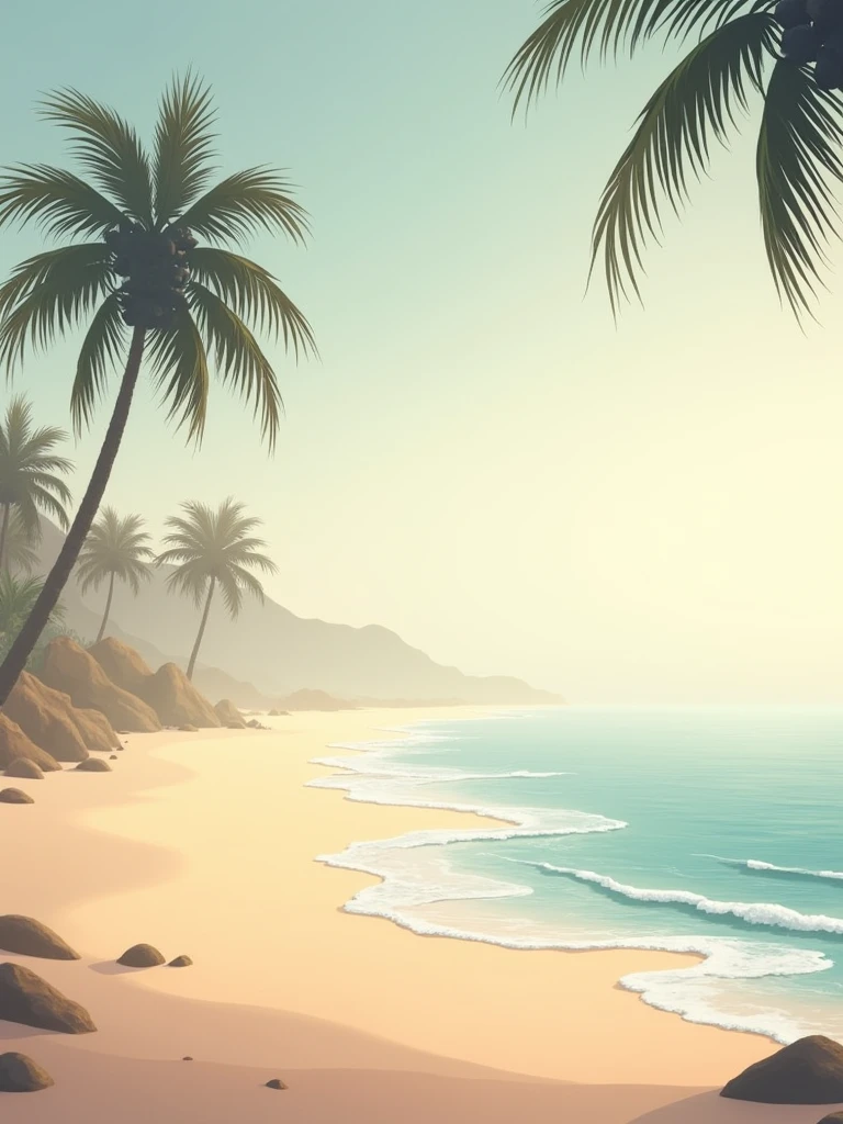 create a realistic image of a minimalist landscape of a deserted beach, the predominant colors should be brown, beige and peach. It should have palm trees and sea waves. The proportion should be 16:9