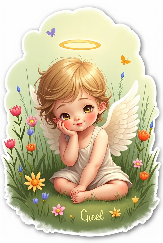 Drawn sticker of an angel - a child in the grass , Flowers
Halo above the head. Flowers
Word" limit" in Cyrillic, under it