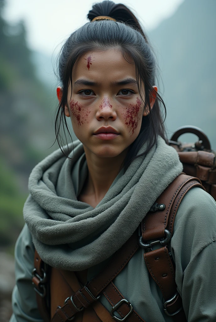 A young adult adventure with lots of scars on his face, his hair in a bun wearing a grey cloak with an adventures outfit underneath