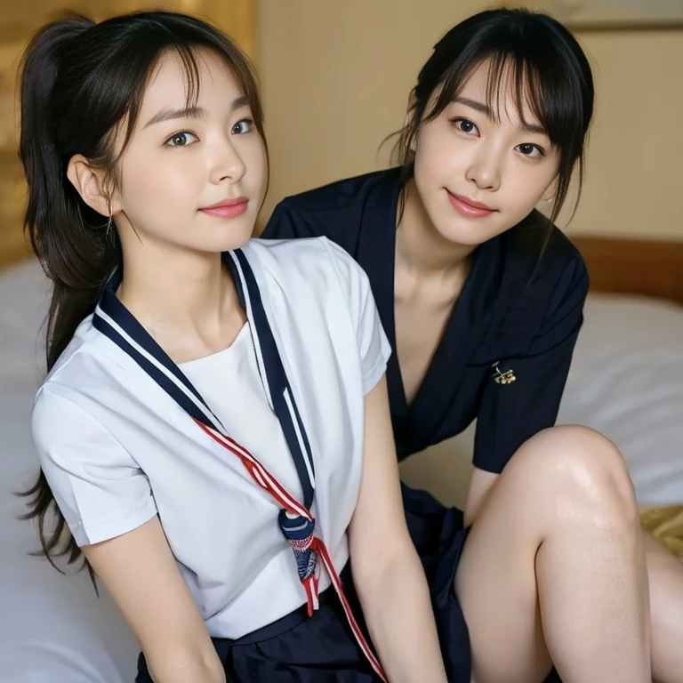 (Masterpiece, Best quality:1.3), (Ultra realistic, Photo-realistic:1.2), Natural light, 28 years old actress, Japanese beautiful 2 women, Neat and clean, (School uniform, Collared shirts, white shirts, Short sleeve, tie, Darknavy short skirt:1.1), (unbutton:1.1), white sock, (Ponytail:1.2), (Beautiful faces), Oval face, clear, Beautiful eyes, Kind eyes, Clear skin, Small face, Beautiful mouth, Small mouth, Natural makeup, Approachable, Seductive smile, (Seductive pose:1.2), Beautiful thighs, Bedroom eyes, Embarrassed, Blush, Luxury hotel Suite room, On bed, (nsfw:1.1), obscene reality of girls, (lesbian couple, petting together:1.1), grabbing crotch, erotic hug,