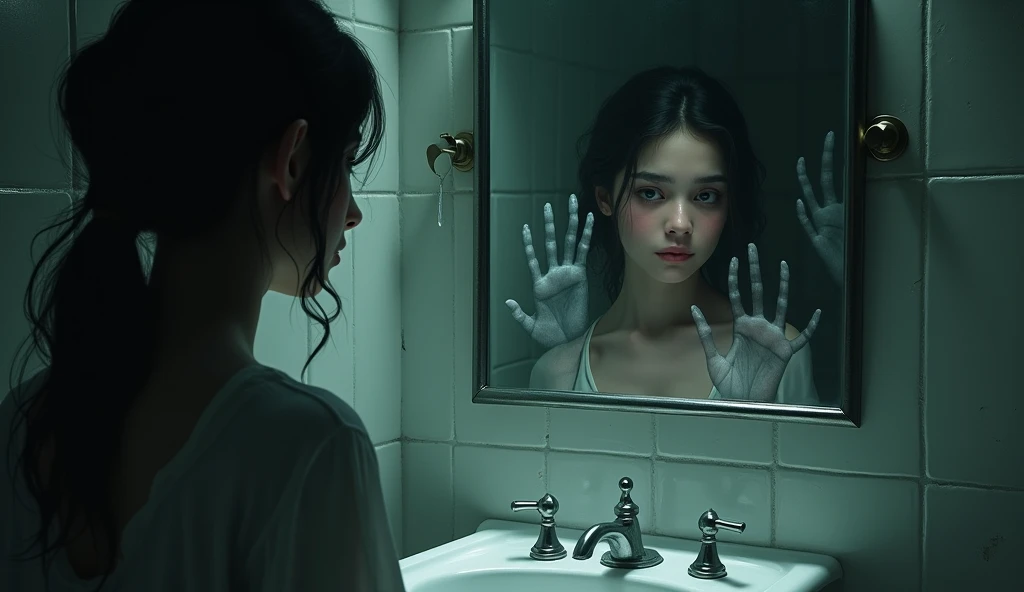 Sunaina washing her face in the bathroom, only to look up and see her reflection twisted with fear as the old woman's ghostly hand rests on her shoulder in the mirror.