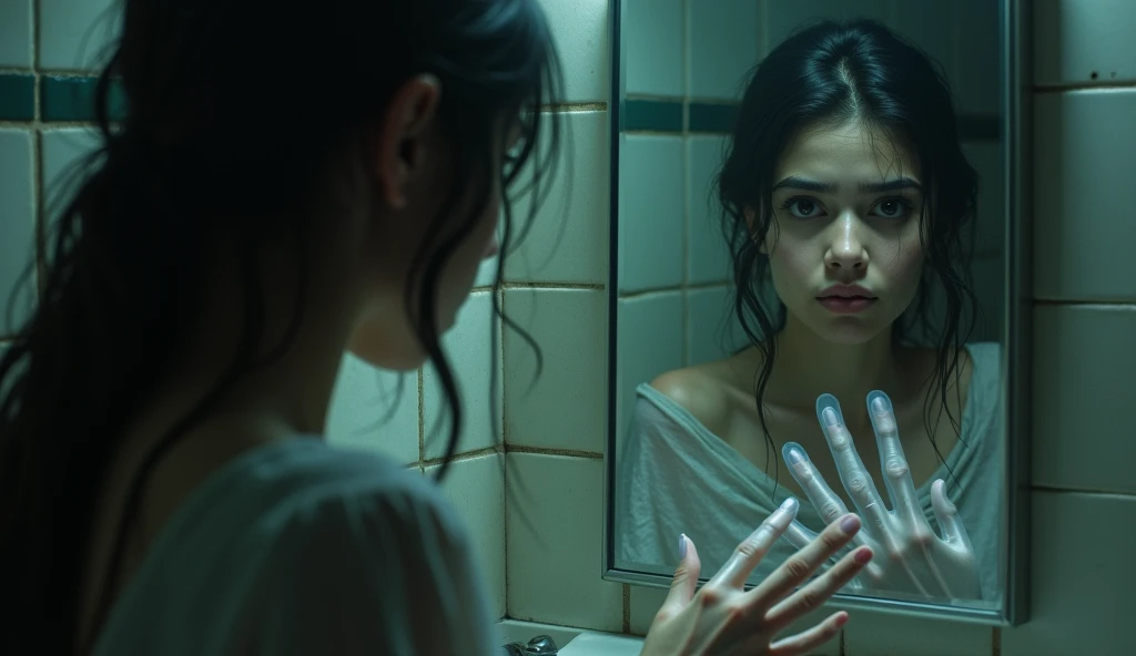 Sunaina washing her face in the bathroom, only to look up and see her reflection twisted with fear as the old woman's ghostly hand rests on her shoulder in the mirror.