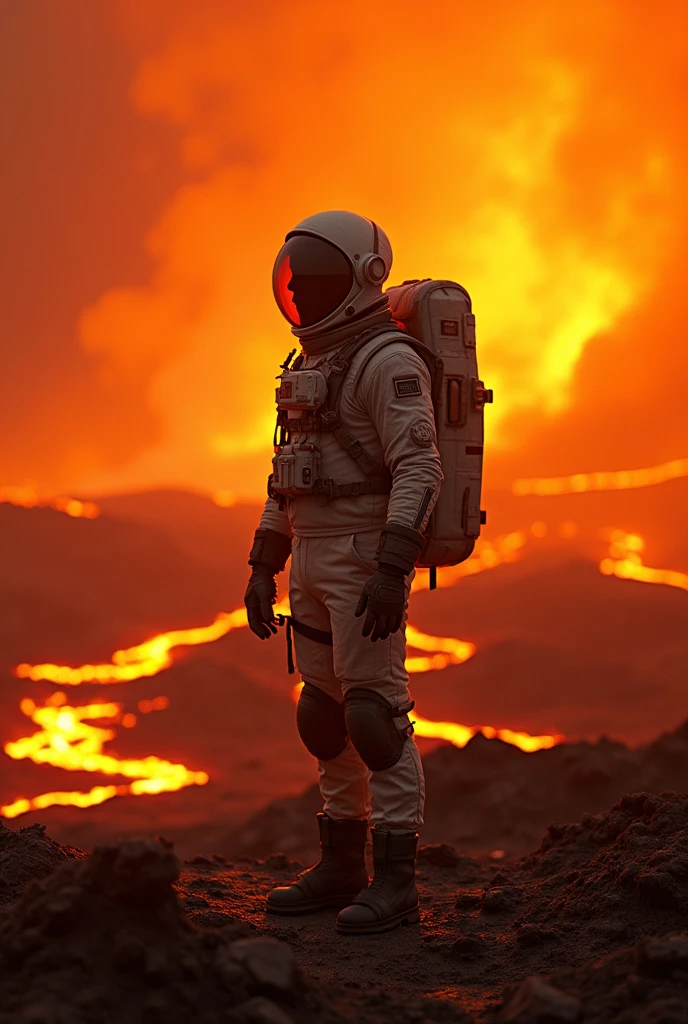 astronaut,malaysia,59 year old. Standing on lava,extremely hot environment,on the surface of the hot active lava,(best quality,4k,8k,highres,masterpiece:1.2),ultra-detailed,(realistic,photorealistic,photo-realistic:1.37),detailed face and body,dramatic lighting,intense colors,fiery atmosphere,molten lava,scorching heat,sci-fi,cinematic