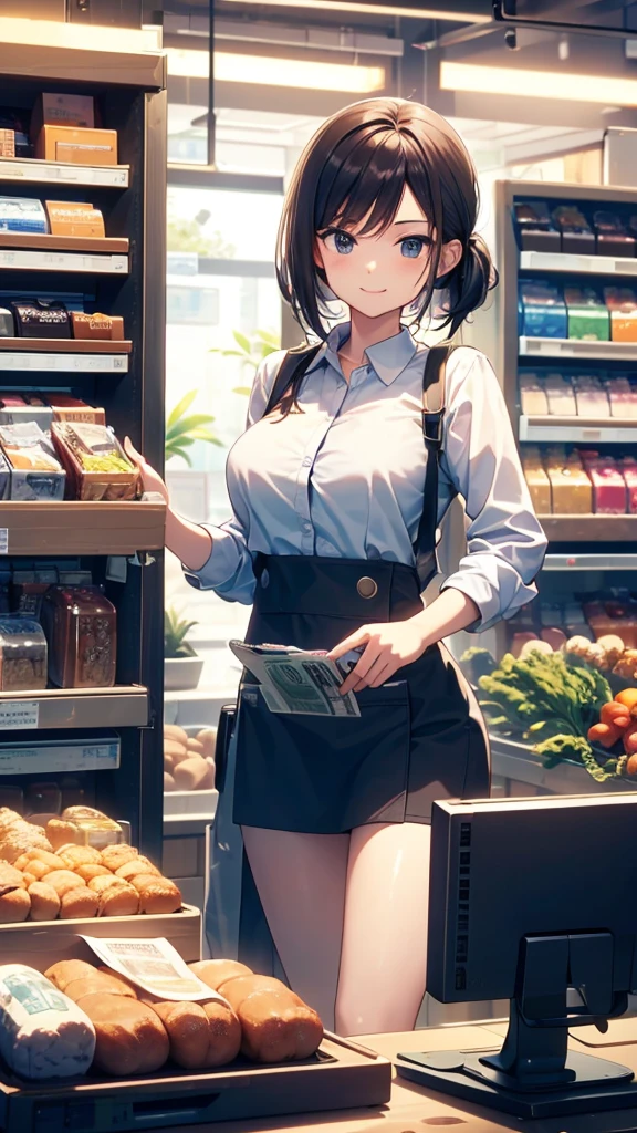 young woman,smile,((Standing inside the cash register)),Touching the cash register machine,Customer Service,((There is a cash register on the table)),(Scanning product barcodes at the cash register)),Supermarket clerk,Wearing an apron,uniform,((Working as a cashier)),((Cashier)),((cashier,register,)),((Receive money from customers)),There are products on the shelves,In the supermarket,Bright interior,grocery store