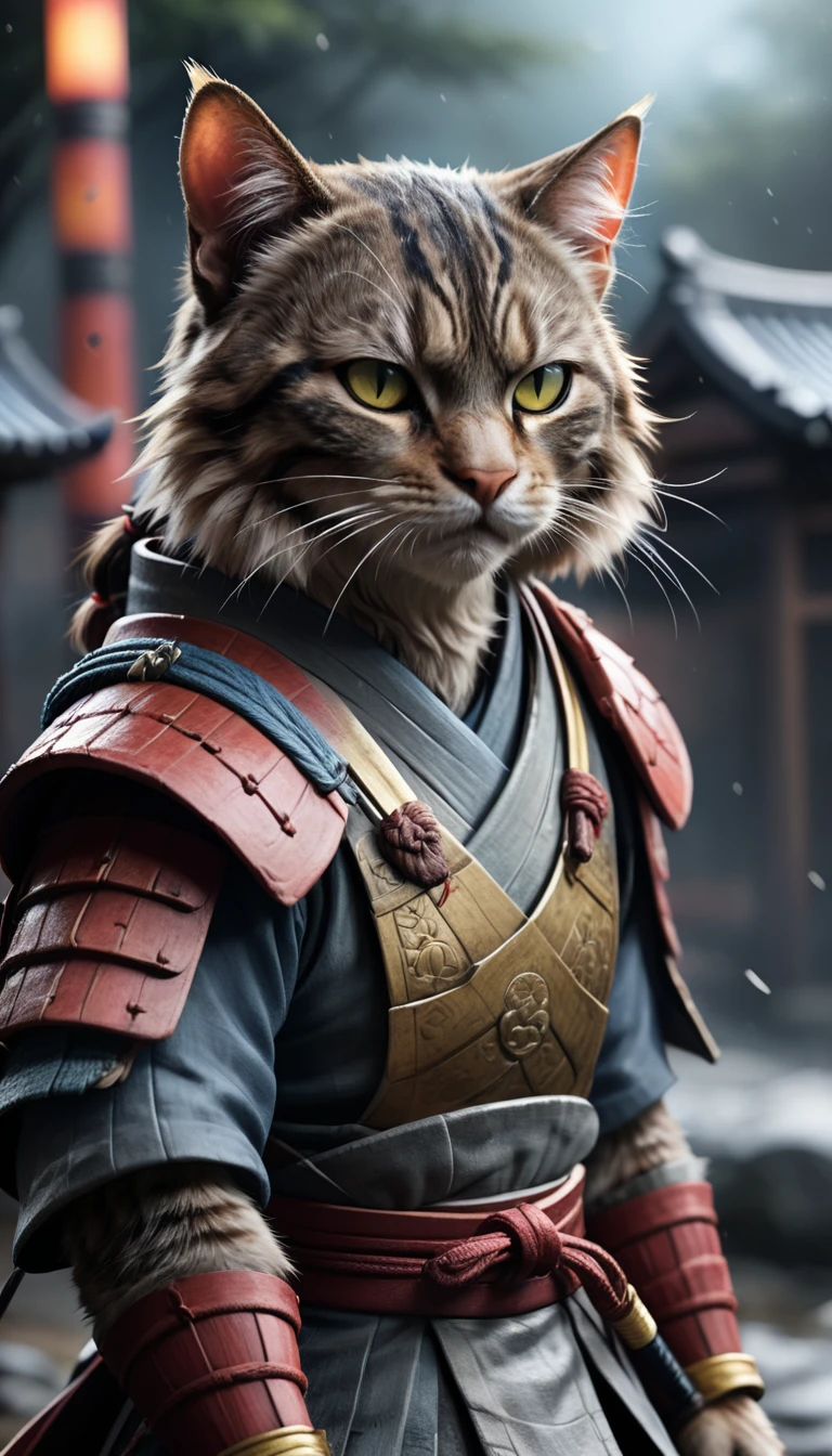 (Close-up Cinematic),Samurai Cat, battlefield, 2D, colorful, Dark atmosphere