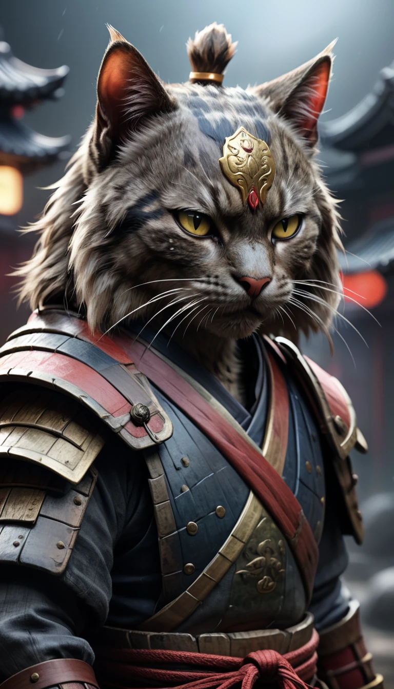 (Close-up Cinematic),Samurai Cat, battlefield, 2D, colorful, Dark atmosphere