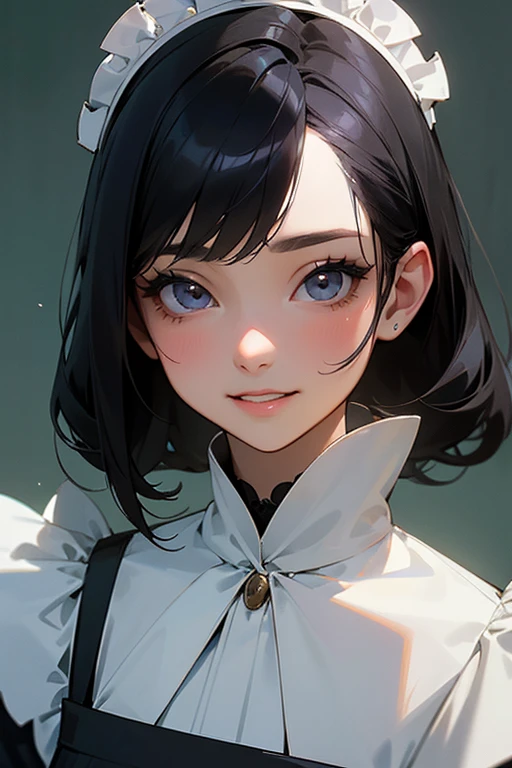 (Highest Resolution, clear_image) Highest quality, single, One woman, alone, masterpiece, Very detailed, Semi-realistic, Black Hairのショートヘア, Black Hair, bangs, 18-year-old, mature, Light blue , Indoor Background, kind, Authoritative, Powerful, exquisite features, exquisite features、Eyelashes become longer、Showing teeth、smile😀、Maid clothes、woman&#39;Fingers in the、((Eating watermelon)).