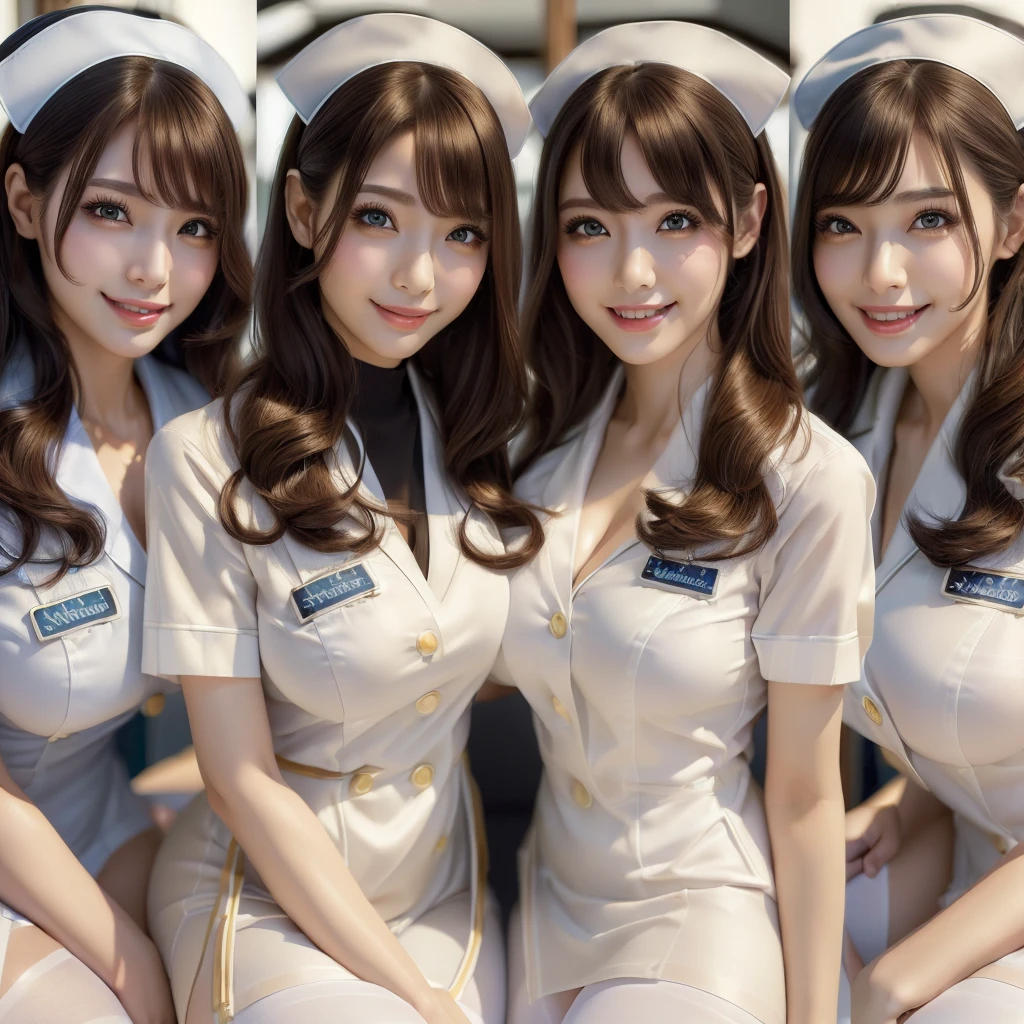 (best quality, masterpiece:1.5), (ultra-detailed, realistic:1.37),4K,(4woman:1.5),japanese,cute,beautiful,(white nurse uniform:1.2),(black pantyhose),(big breast),(bra),smile,