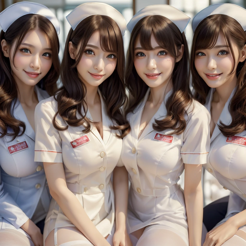 (best quality, masterpiece:1.5), (ultra-detailed, realistic:1.37),4K,(4woman:1.5),japanese,cute,beautiful,(white nurse uniform:1.2),(black pantyhose),(big breast),(bra),smile,