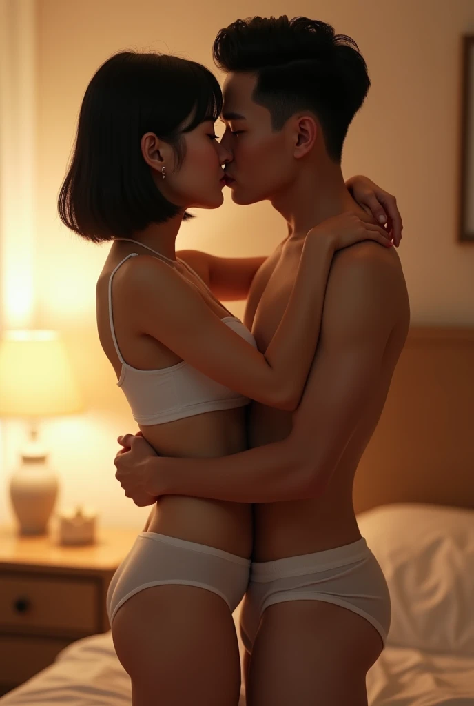 Beautiful and cute Asian women, man, big breasts, ((perfect anatomy)),A young woman with a French bob hairstyle,Wear a white bra., Wear underwear., ในห้องนอนกับแฟนmanกำลังจูบกัน