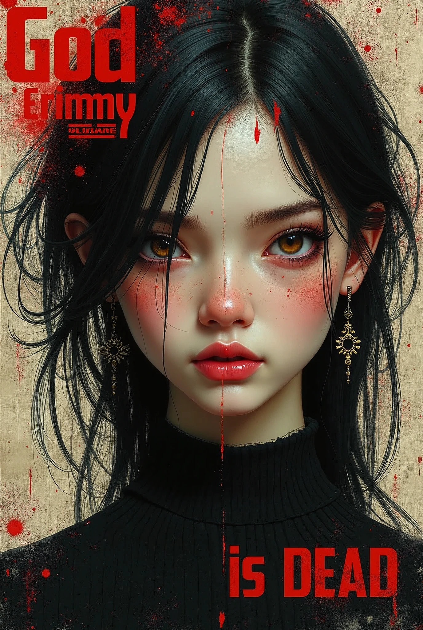 Style is similar to Grimly,Hans Hartung (Hans Hartung) 风格 Hans Hartung (Hans Hartung) Stunning artistic effects,{With text:"God is dead":1.8},1 girl,Charming eyes,Multiple earrings