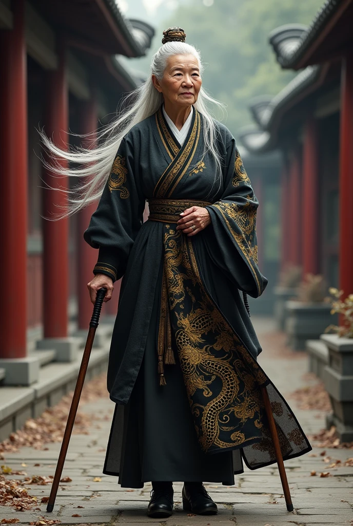 80 years old,Beautiful woman,Tang Dynasty,Master of the Martial Arts Alliance,A black and gold dragon pattern,Faucet crutches,Will martial arts,Dignified and elegant,Domineering