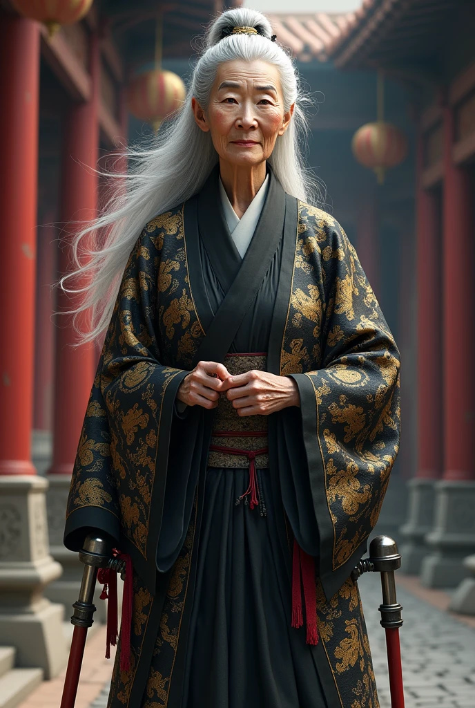 80 years old,Beautiful woman,Tang Dynasty,Master of the Martial Arts Alliance,A black and gold dragon pattern,Faucet crutches,Will martial arts,Dignified and elegant,Domineering