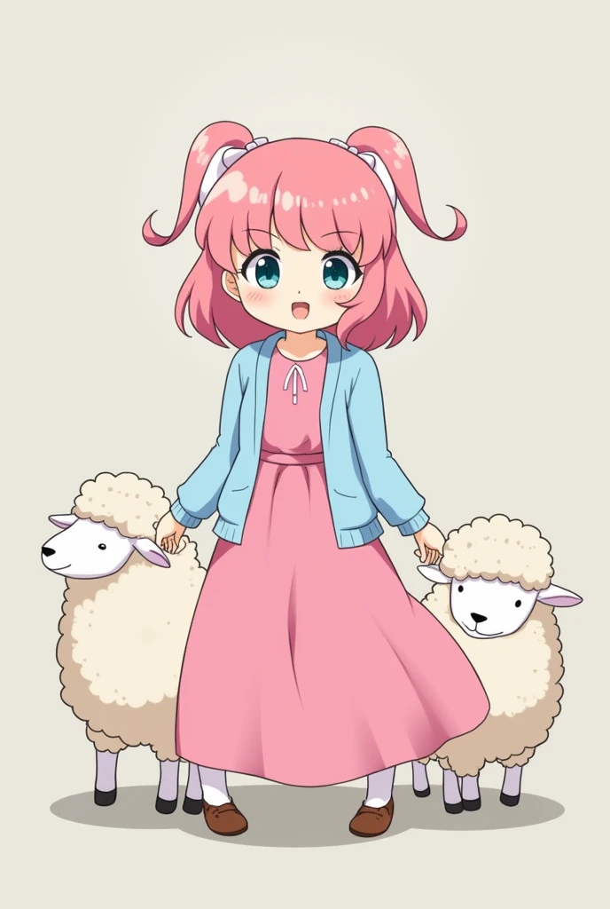 masterpiece, Highest quality, Attention to detail, cuteピクセルアート, Vivid, young woman, sheep, cute, smile, Facing the front, Open your mouth, sheepのようなふわふわの毛'wool, Pink Hair, Thick eyebrows, Pink Dress, Long skirt, Light blue cardigan, Brown shoes、Pretty Cure