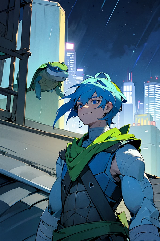 leo, 1boy, turtle boy, turtle shell, blue bandana, blue eyes, upper body, (smile:1.2), upper body, bandages, standing, from below, outdoors, rooftop, on roof, night, wind, night, night sky, new york, rain,, arms on sides
