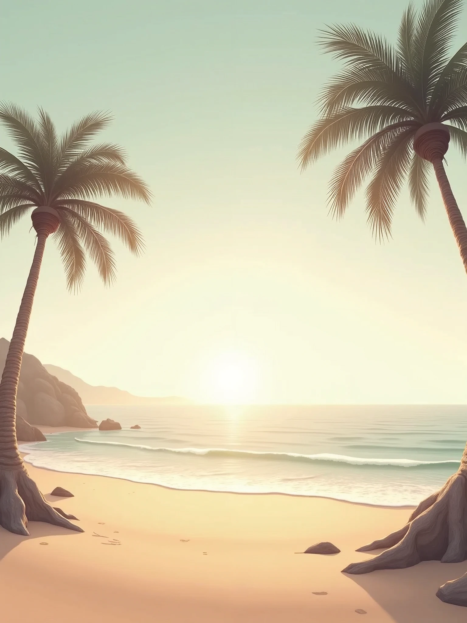 create a realistic image of a minimalist landscape of a deserted beach, the predominant colors should be brown, beige and peach. It should have palm trees and sea waves. The proportion should be 16:9