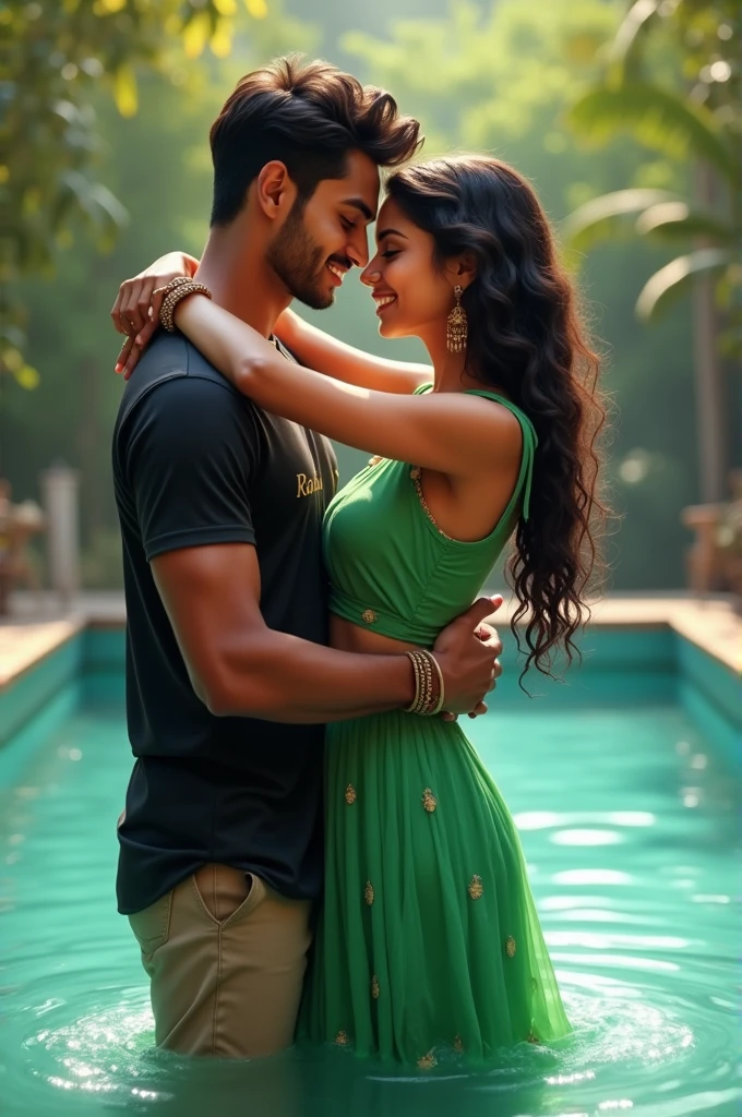 realistic indian 19 Year old cute boy lifting body and 15 year beutifull girl smile in chest to chest in Water with boy wearing black shirt on the river with sunday an water and a on girl wearing green lehenga with  swimming pool background , in shirt written name “Raghav" features, loveng mood, realistic