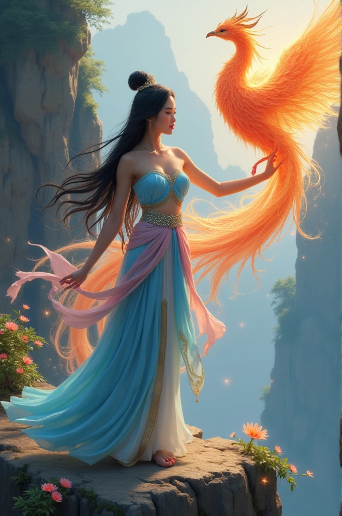 full lenght a Full-body image of a beautiful young woman, sweet and gentle, wearing a light blue strapless Thai dress, a nine-gem belt, a pink sarong with gold trim, a light blue silk shawl, long flowing black hair, a flying crown, tied loosely. She stretches out her right arm and has a majestic phoenix from digital ashes in a blaze of holographic flames, a beautiful tail, long and flowing in the wind. The corner of the steep cliff is surrounded by small flowers, beautiful, glowing and shimmering. 3D image, oil painting, sharp image, art image of Professor Chalermchai