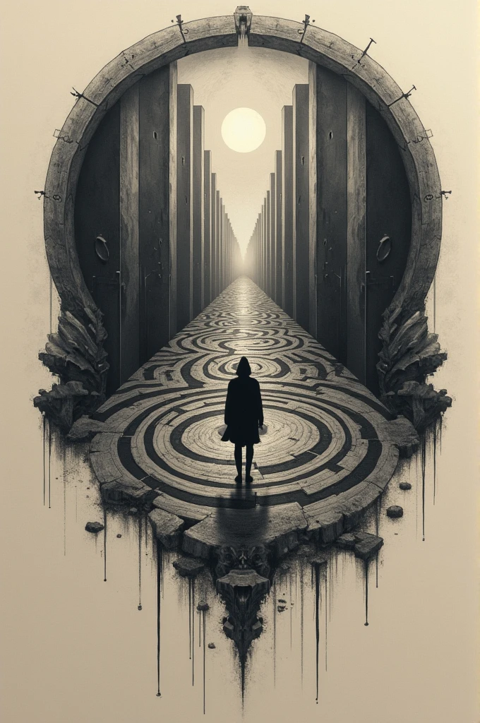 Draw a tattoo referencing this phrase " I keep circling through a labyrinth where I always end up facing the same mirror"