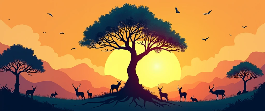 "A vibrant vector art wall painting. The scene features a 2D-shaped 'Kalpa Vriksha' as the central object, with a well-above sunrise casting a warm glow. The surrounding area includes lush green grass with small animals like deer and rabbits near the Kalpa Vriksha. The sky has a soft morning hue with a few birds in flight. The colors are vibrant and attractive, designed to match yellow.
