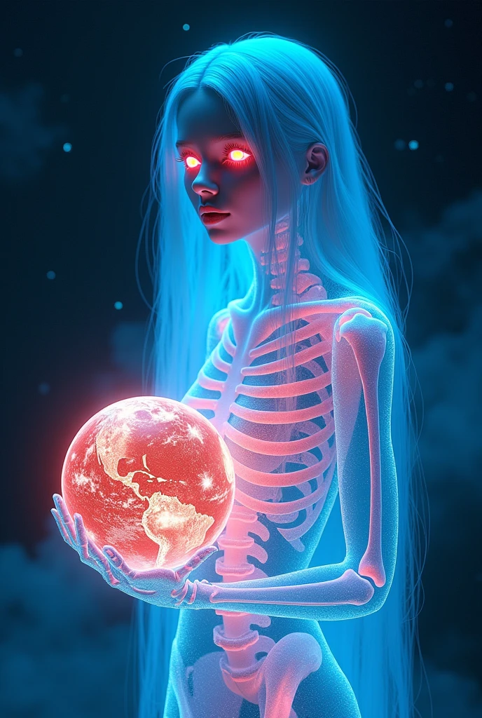 1girl, beautiful detailed bright shining eyes, transparent body, long flowing light blue shining hair, entire skeleton glowing in neon red light, holding a glowing earth globe, dreamy pose, space background with stars, (best quality, 8k, high resolution, masterpiece:1.2), ultra-detailed, (realistic, photorealistic, photo-realistic:1.37), 3D render, intricate details, glowing neon lights, cinematic lighting, volumetric lighting, dramatic lighting, vibrant colors, ethereal, surreal