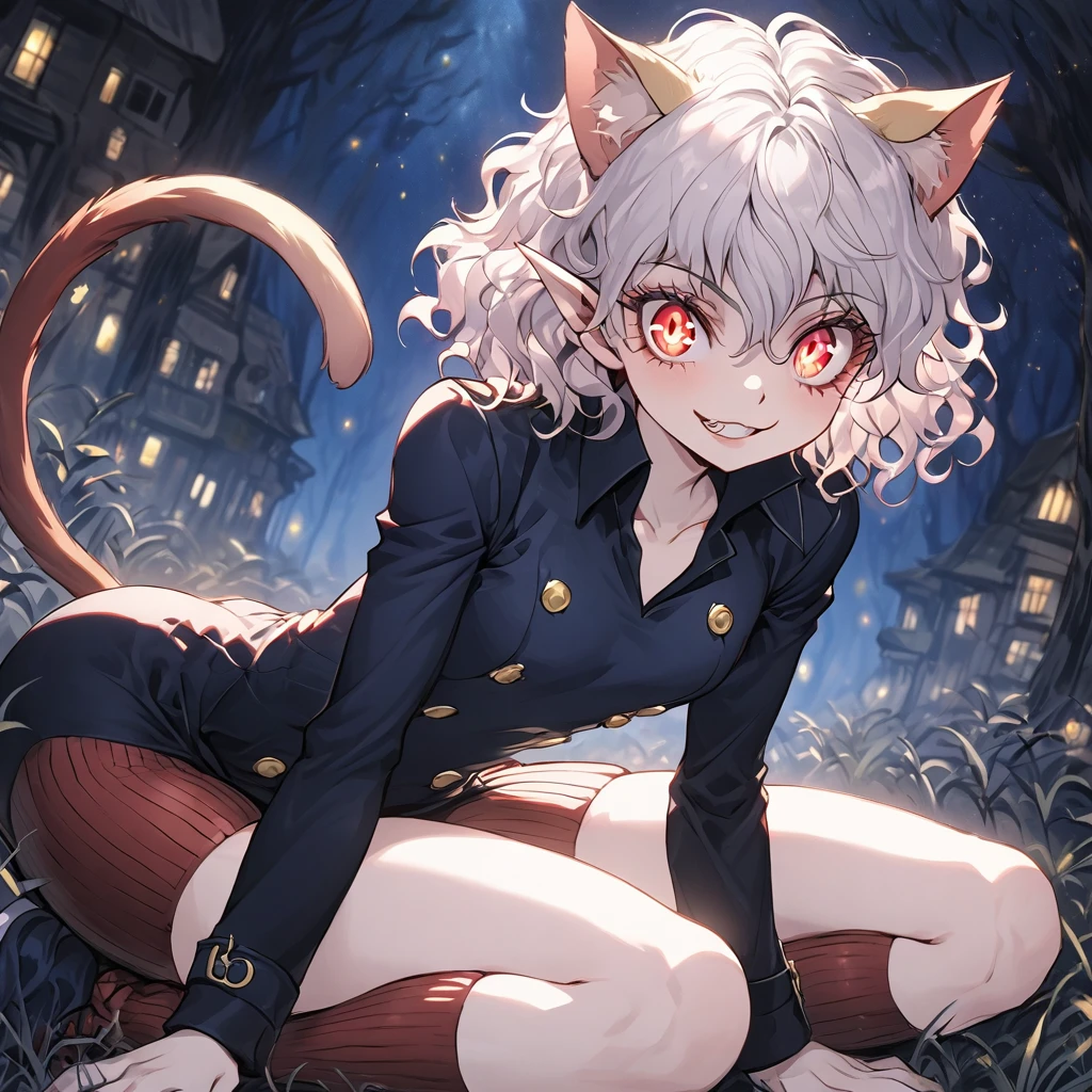 1girl, neferpitou, short hair, red eyes, animal ears, tail, white hair, cat ears, cat tail, curly hair, long sleeves, shorts, model's expressiion, silver hair, short and curly hair, cat ears, red eyes, large pupils, double eyelids, slender eyebrows, long eyelashes, small nose, small mouth, sharp jawline, blue military-style coat, six gold buttons, short red striped skirt, high collar, long sleeves, slender wrists, flexible fingers, white skin, cat-like claws, red striped knee-high socks, blue shoes, sturdy soles, slender ankles, small feet, long legs, muscular thighs, thin waist, wide shoulders, cat-like gaze, long neck, straight shoulder line, straight back, muscular arms, long fingers, firm upper arms, soft hands, small palms, cat-like smile, serious furrowed brows, pointed ears, pink inside of ears, thin eyelids, upward curled eyelashes, vertical slit pupils, cat whisker-like cheek markings, many lower eyelashes, small nostrils, thin lips, pointed chin, protruding collarbones, straight posture, high hips, muscular thighs, pointed knees, well-fitted socks, neatly tied shoelaces, soft cat ears, rounded ear tips, soft fluffy hair, thin eyebrows, light pink lips, white teeth, well-shaped lips, smooth skin, sensitive ears, reflective pupils, heavy eyelids, slightly curved cat ears, well-fitted coat, wide skirt hem, shining buttons, slightly old shoes, hair waving in wind, sparkling pupils, moving cat ears, nighttime forest background, moonlight, starry night sky, G-cup chest, cocky cat-like expression, thick glossy thighs and hips, detailed texture of hair and clothing, light and shadow contrast, background details including swaying grass and old building, specific lighting conditions with moonlight casting shadows, detailed coloration of outfit with deep blue and red stripes, intricate design of buttons, and emotional depth in expressions showing defiance, joy, and determination.