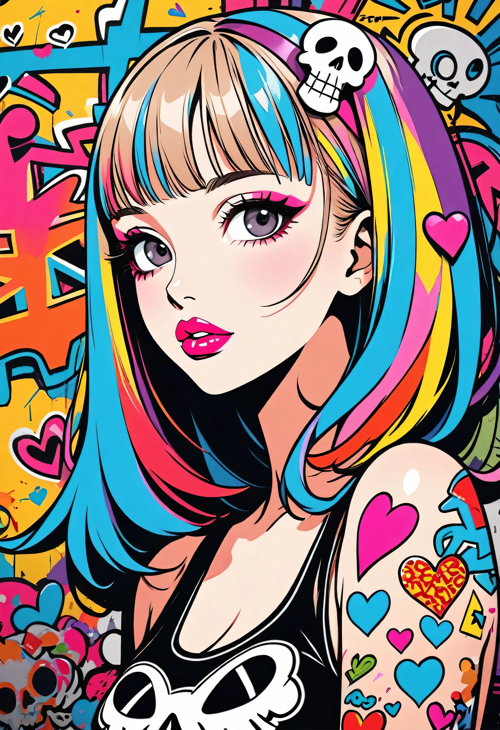 Ultra-realism Keith Haring colorful style, Simple Line Initialism，Abstract art，(((The most beautiful girl of all time))), Sweet face. Lips in love, colorful hearts, stylish design, Summer Skull fashion, Dark Eyes, Graffiti on the wal