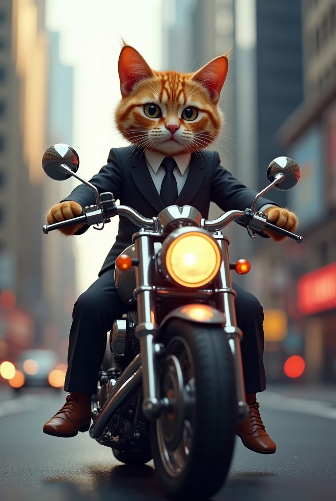 Cat wearing suit riding a motorcycle