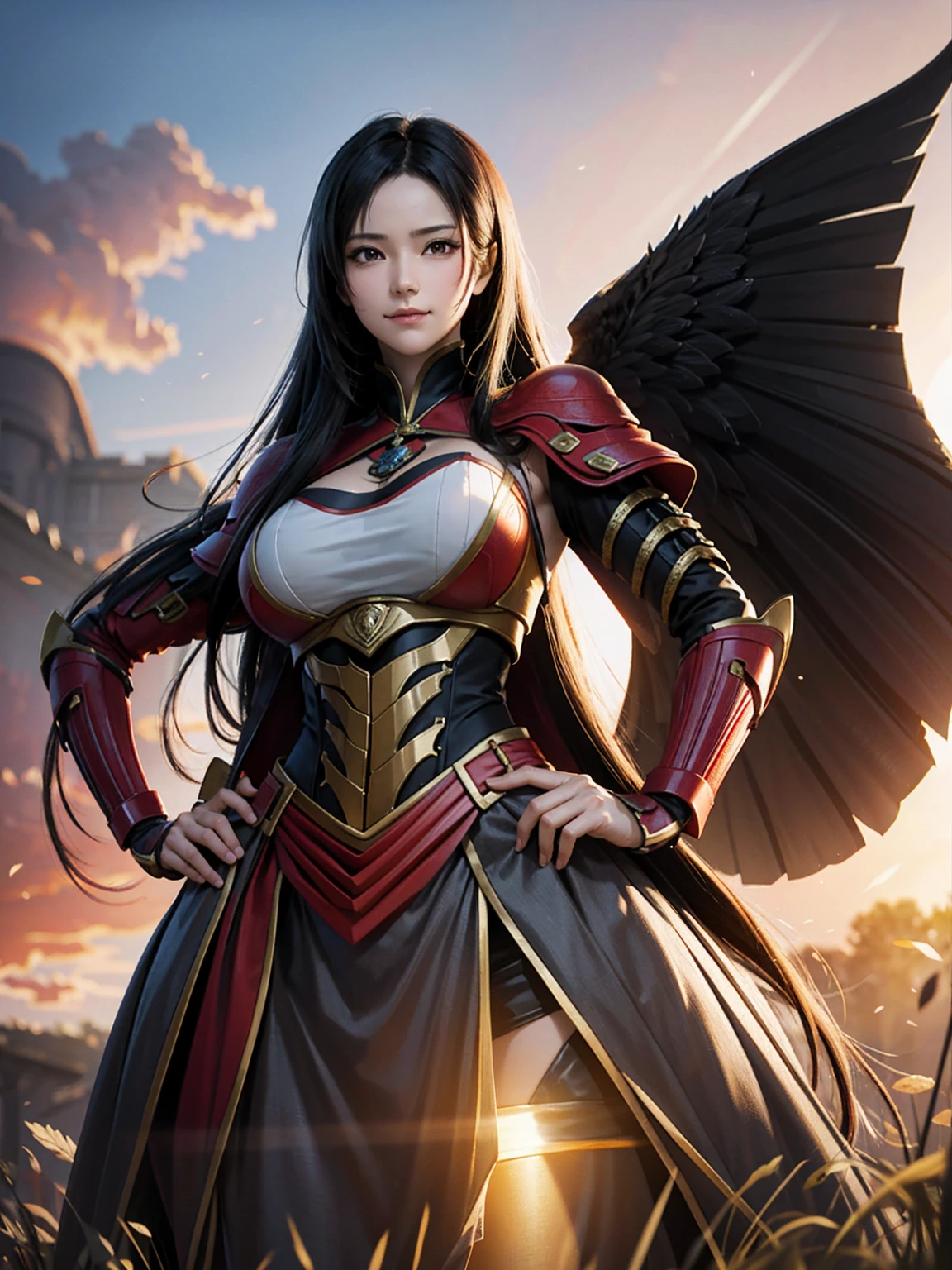 ada wong, (ancient armor:1.2), fluttering hair, long wavy hair, long curl hair, (upper body from below:1.2), blush, gentle smile, hands on hip, in grassland, sunrise