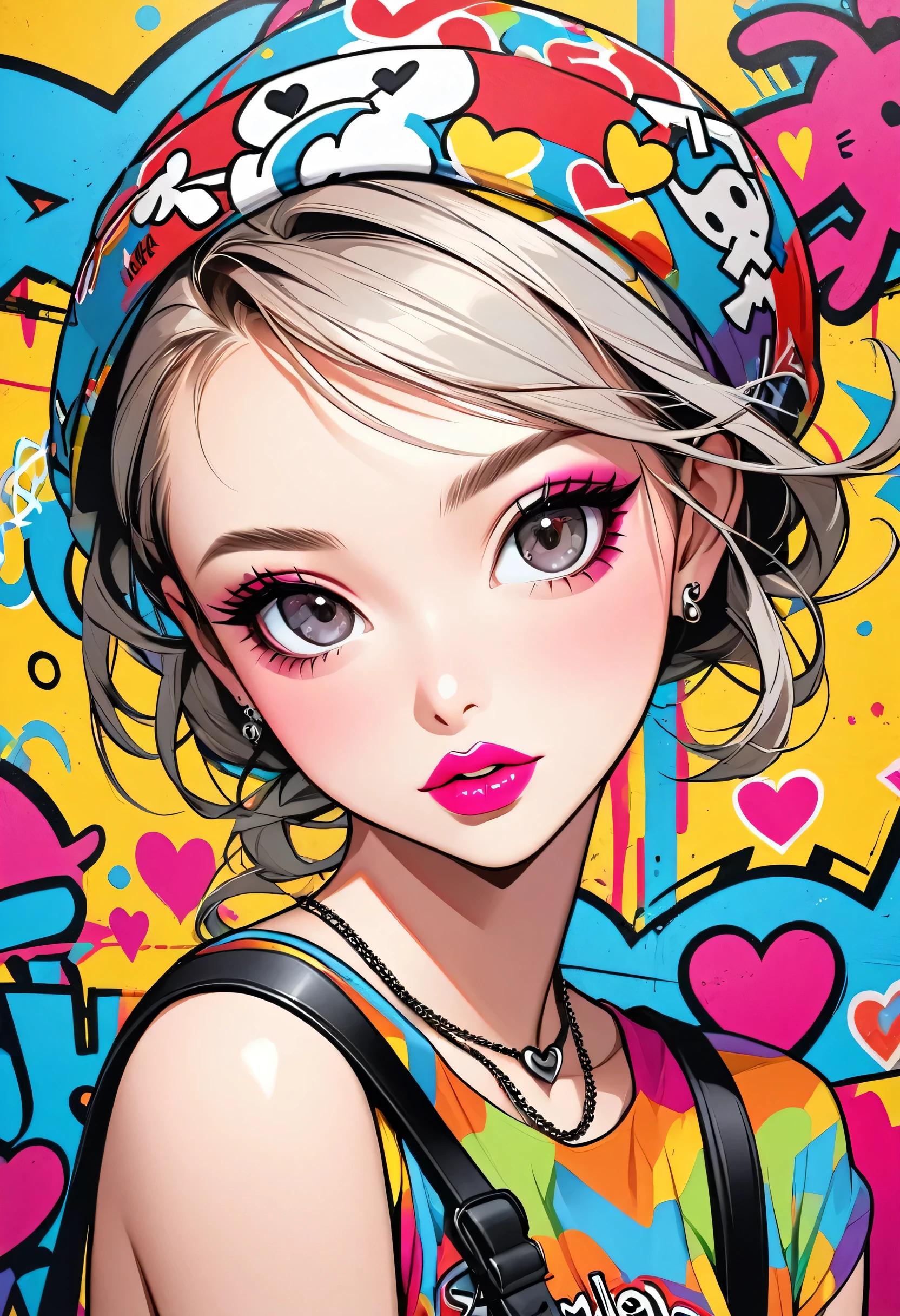 Ultra-realism Keith Haring colorful style, Simple Line Initialism，Abstract art，(((The most beautiful girl of all time))), Sweet face. Lips in love, colorful hearts, stylish design, Summer Skull fashion, Dark Eyes, Graffiti on the wal