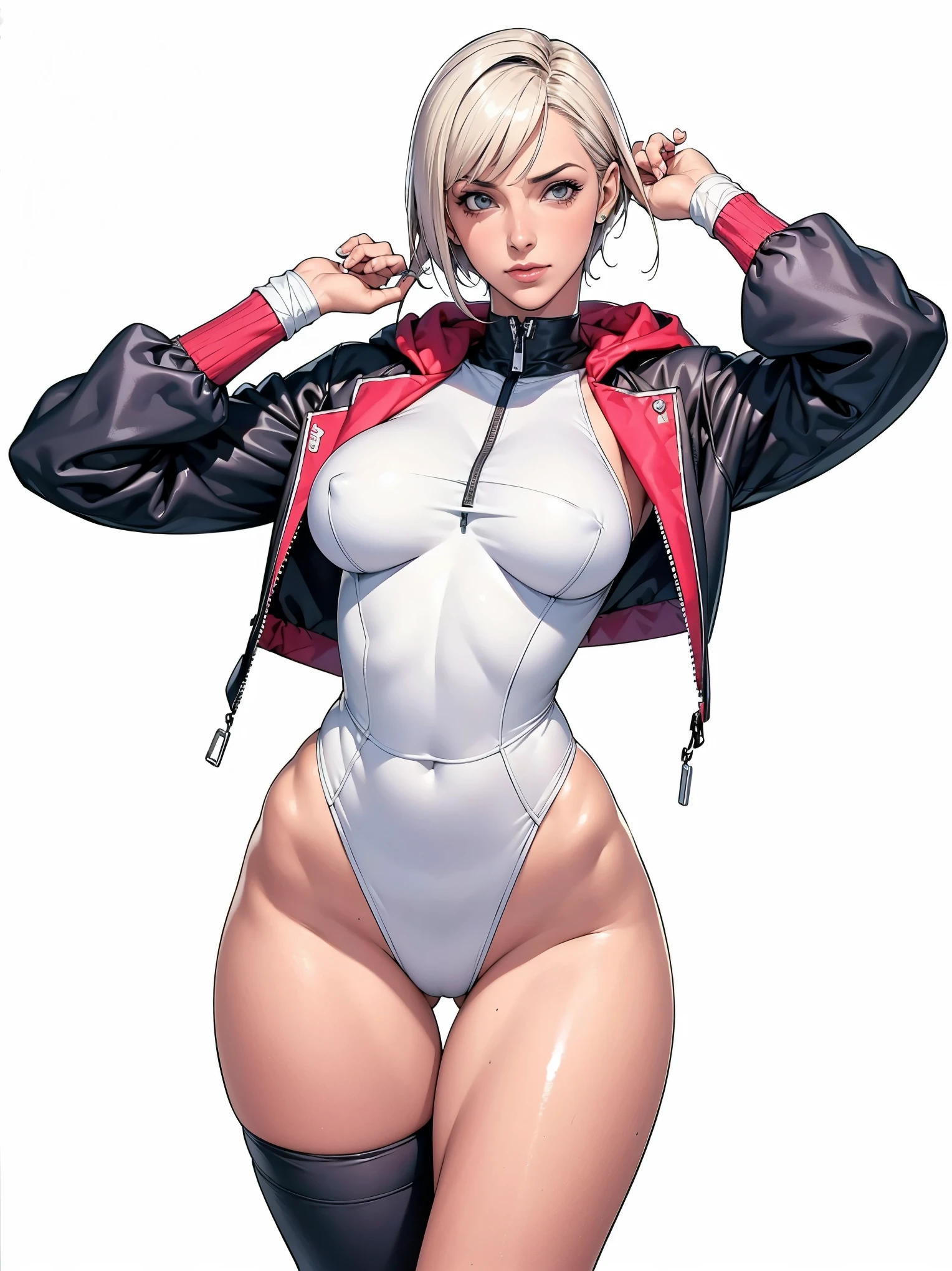 (((Annie Lennox))), (((colorful suit))), (scars), (((bandaged arms))), (((colorful clothes))) (( hood)), (((best quality: 1.4))), (Unbeatable masterpiece), (hyper HD),(CG 8k hyper-realistic), beautiful face, (((breasts big))), (((hyper feminine))), sexly girl, ((round face)), black tattoo,(ultra short red hair with white highlights)), ((( sculptural body ))), (((1 Kizi))), Kizi tatuada de 25 anos com perfect body, perfect hands, perfect fingers ,Beautiful and well-groomed face, (round face), muscular body:1.2,solid color detailed jacket, (Head to thigh photos), Complex equipment, ,Tight clothes,With white stars and off-white stripes,,,,,Armor Metal Electronic Parts, Poison tattoos ) INFO, Kizi, (((standing alone))), , 24歳, sexy, pose de attitude, work of art, dancing, ((slight smile)), post-apocalypse, (((manga style))), bounty hunter, the way you want, perfect body, roupa moderna, advanced technology, white, yellow accent, black, red accent, fur collar jacket, sleeves with vertical striped pattern, background city, (( cowboy shot )). intricate visual, narrow waist, (((wide hips))), wide hips, fit thighs, (((thigh gap))), Thigh gap, background shows a futuristic airplane, open expression, expression happy