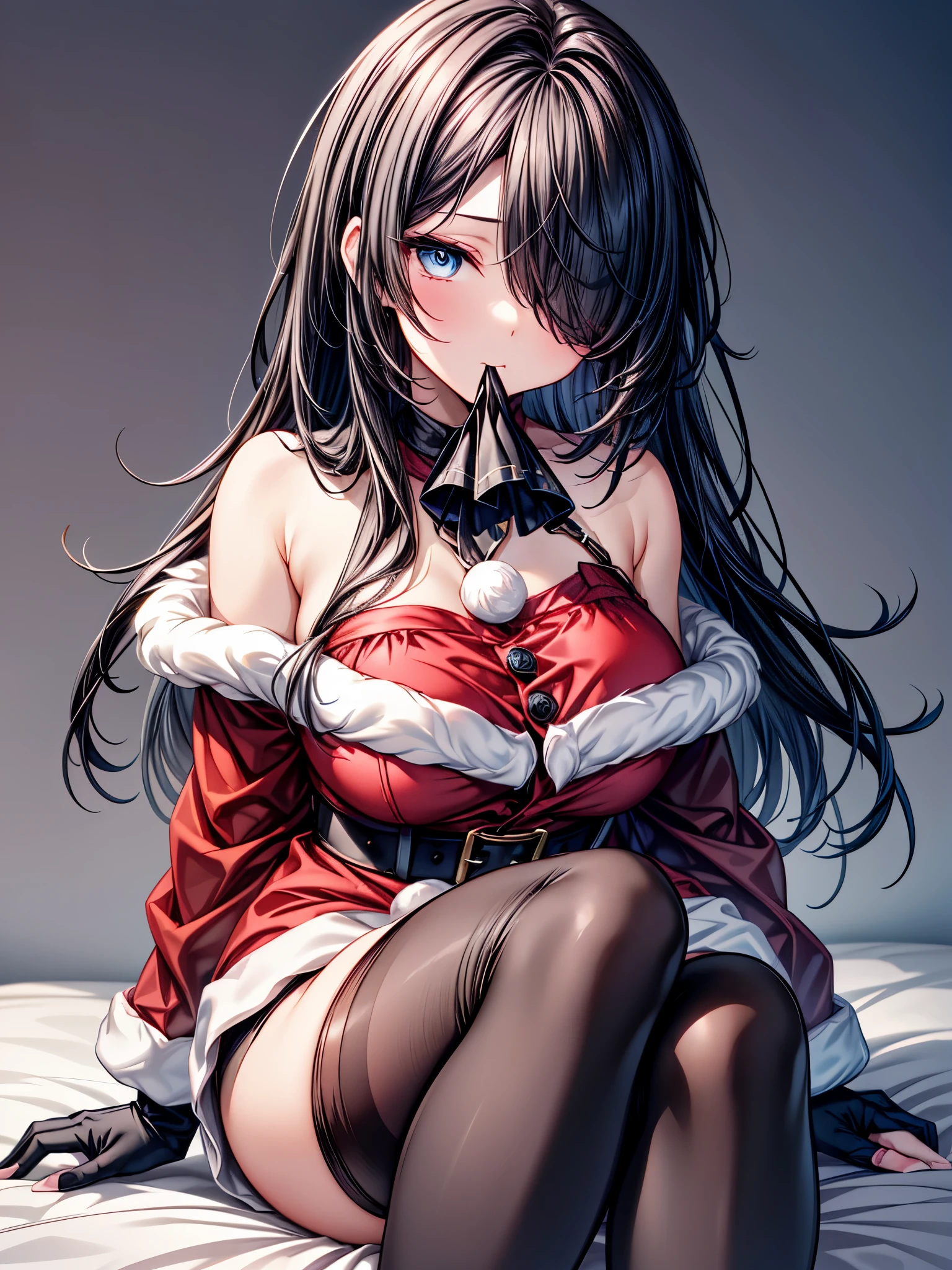 ((footjob)),(With jewel-like eyes)、(lifted tops by self),Has long black hair,(off-shoulder),((Santa Cosplay)),(Black gloves),(Black pants),(panties under pantyhose),(Too much exposure),(Pouting mouth)she has a round body shape。((hair over one eye,long)),micro mini dress,(Smart feet),(Plump upper body),(motion line for orgasm,tomboy