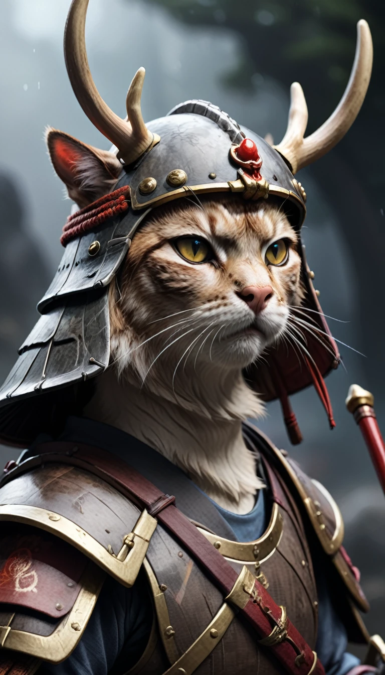 (Close-up Cinematic),Samurai Cat, battlefield,  2D, colorful, Dark atmosphere,Put deer antlers on your helmet,Has a long spear