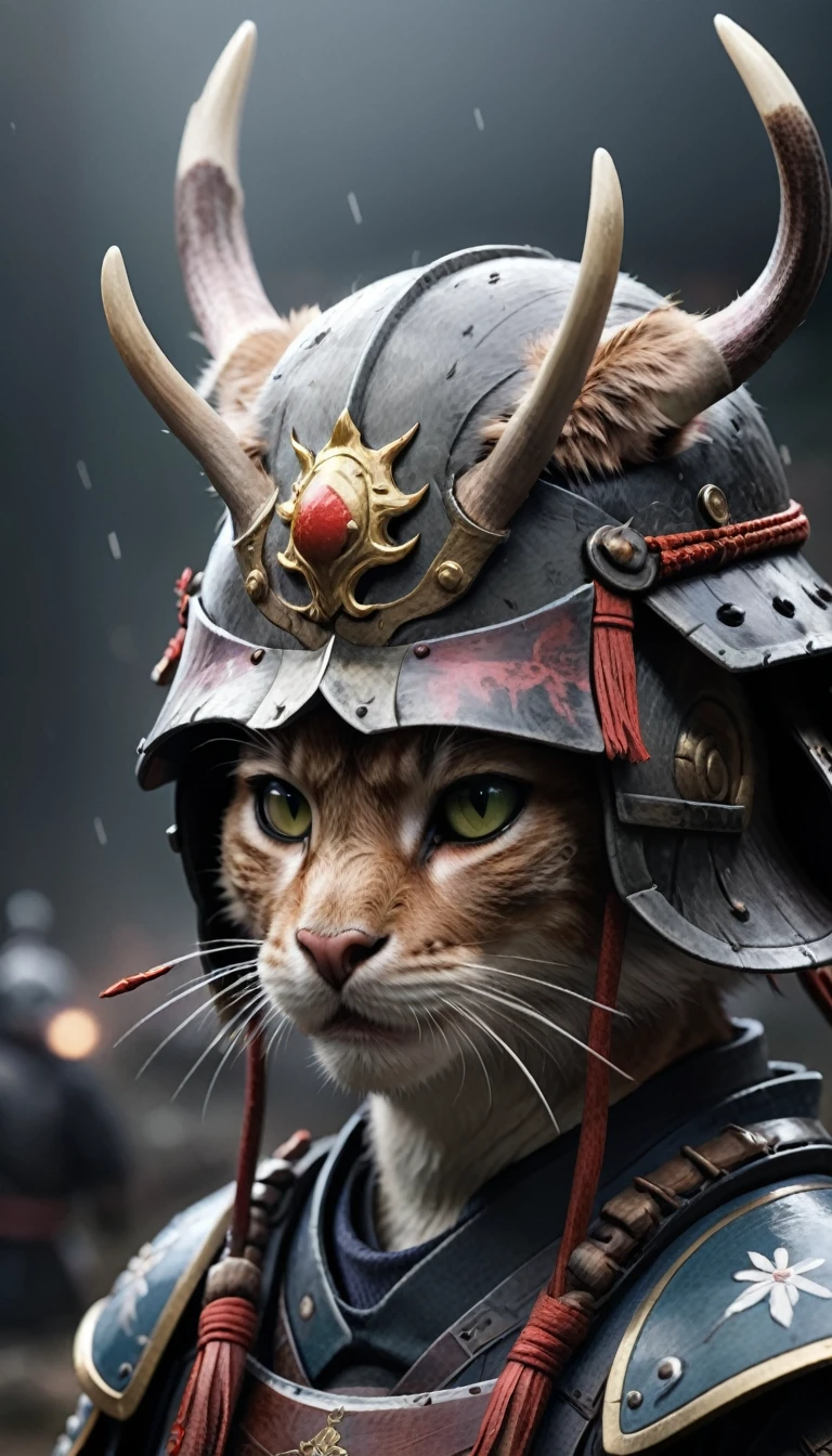 (Close-up Cinematic),Samurai Cat, battlefield, 2D, colorful, Dark atmosphere,Put deer antlers on your helmet,Has a long spear