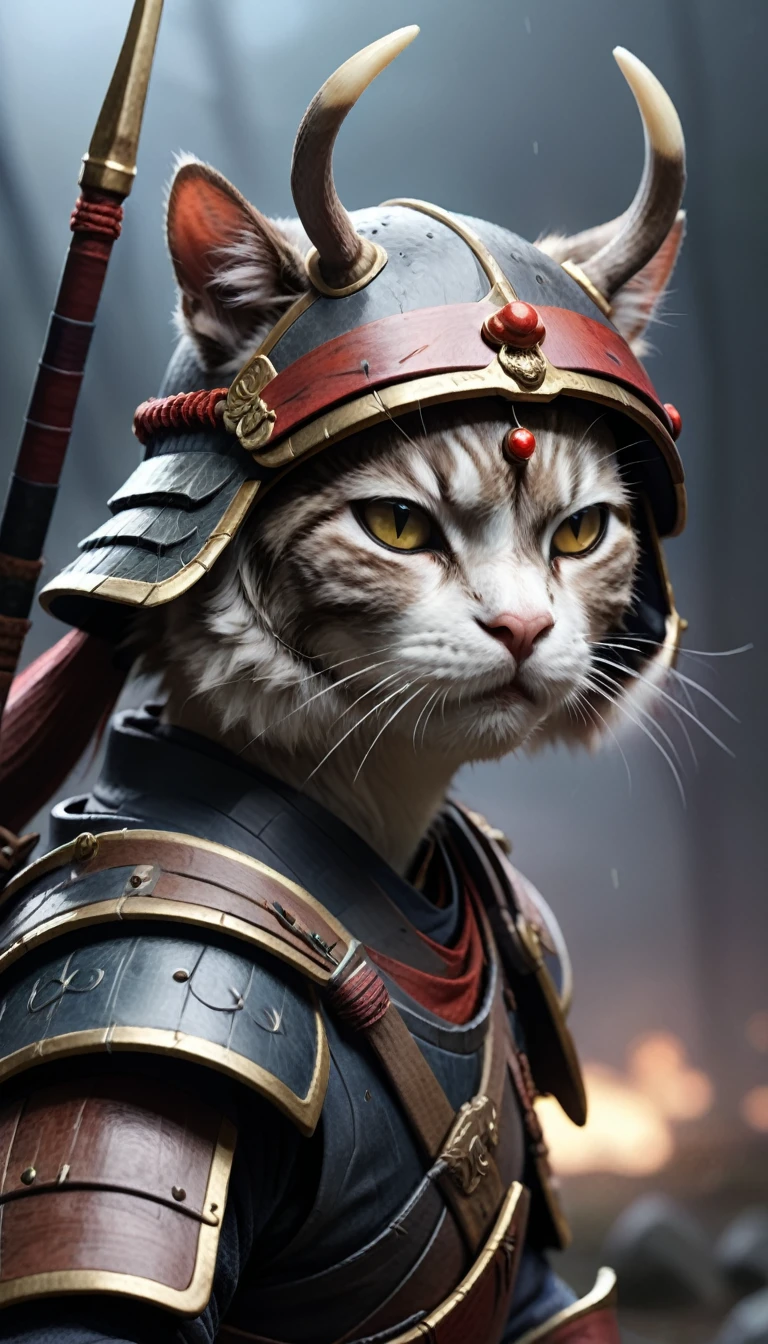 (Close-up Cinematic),Samurai Cat, battlefield, 2D, colorful, Dark atmosphere,Put deer antlers on your helmet,Has a long spear