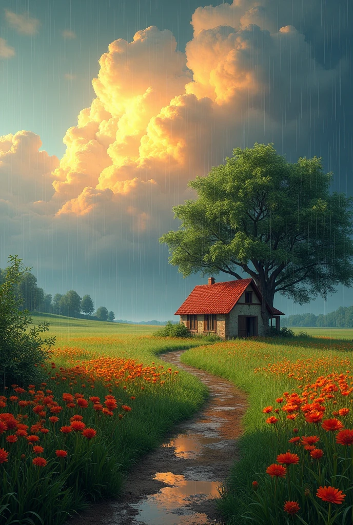 Create a landscape of a serene countryside scene during a gentle summer rain. A cozy cottage with a red roof is nestled near a large, lush green tree. The sky is filled with dramatic, billowing clouds in vibrant shades of orange and yellow, illuminated by sunlight breaking through, creating a striking contrast with the dark blue rain clouds. A narrow, winding path leads to the cottage, bordered by wildflowers in bright red and orange hues, and rich green grass. Small puddles form from the rain along the path. The overall atmosphere is peaceful and picturesque, with a harmonious blend of nature and tranquility, depicted in highly saturated colors to enhance the vividness and charm of the landscape.