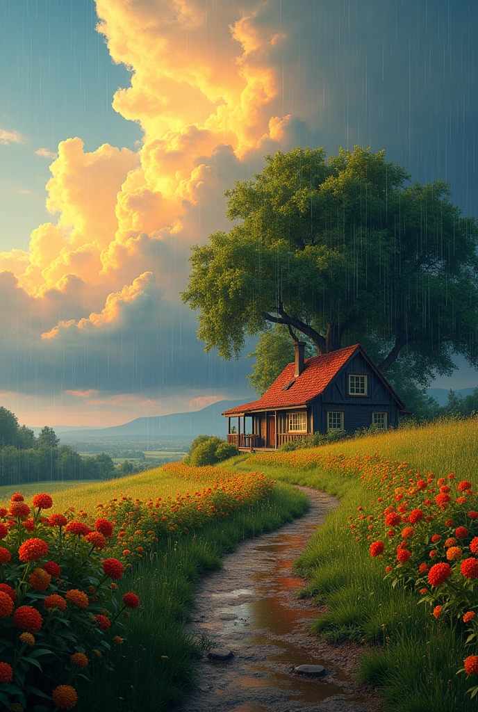 Create a landscape of a serene countryside scene during a gentle summer rain. A cozy cottage with a red roof is nestled near a large, lush green tree. The sky is filled with dramatic, billowing clouds in vibrant shades of orange and yellow, illuminated by sunlight breaking through, creating a striking contrast with the dark blue rain clouds. A narrow, winding path leads to the cottage, bordered by wildflowers in bright red and orange hues, and rich green grass. Small puddles form from the rain along the path. The overall atmosphere is peaceful and picturesque, with a harmonious blend of nature and tranquility, depicted in highly saturated colors to enhance the vividness and charm of the landscape.