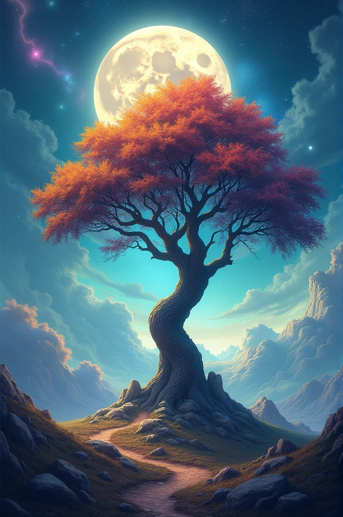 A single tree in cosmic world with full of vibrant colours one big moon in background