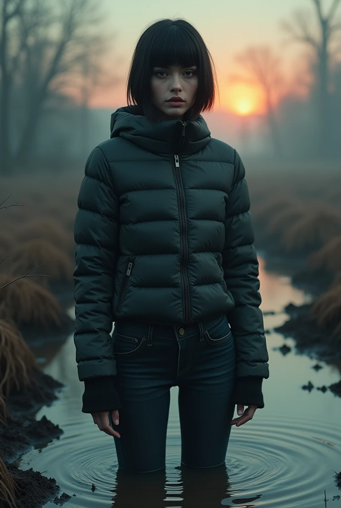lightweight tight down jacket, taboo art, forbidden fetish, artistic woman, collar only, cold weather:1.0, dark washed old jeans,sinking in muddy bog, sexy despair, bob-cut, fog, sunset, intensive gaze