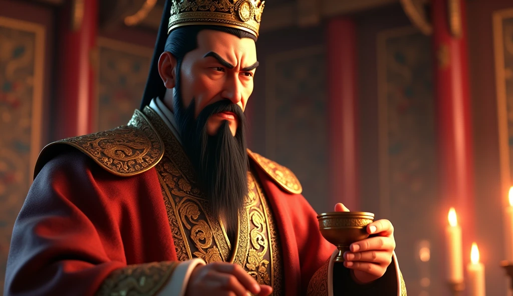 The power Chinese emperor killing himself by having poison in 3d animation style